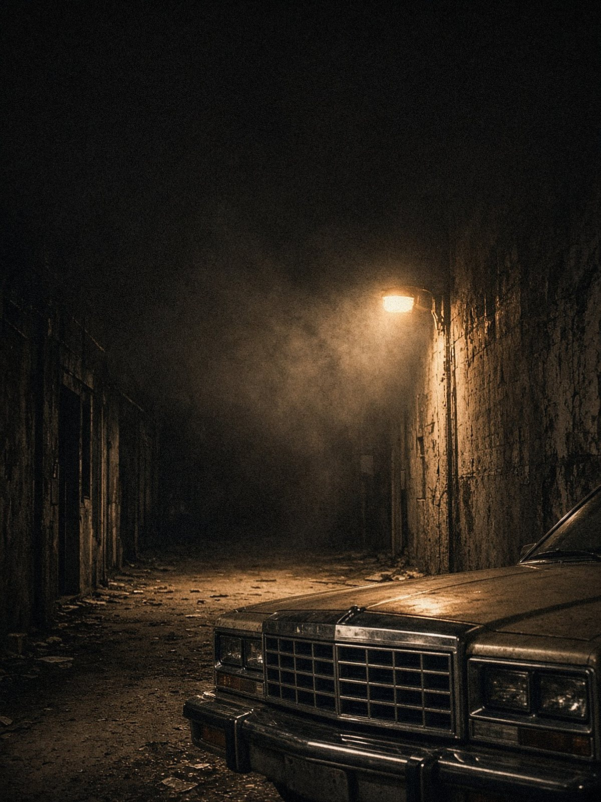 Smoky alley under a lone streetlamp with the front of a vintage car — generated mood image